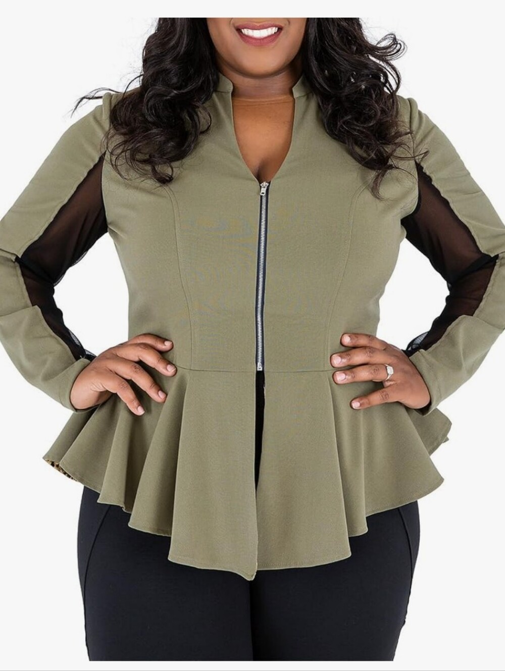 Olive Peplum Zip-Front Tunic with Sheer Sleeve Insets